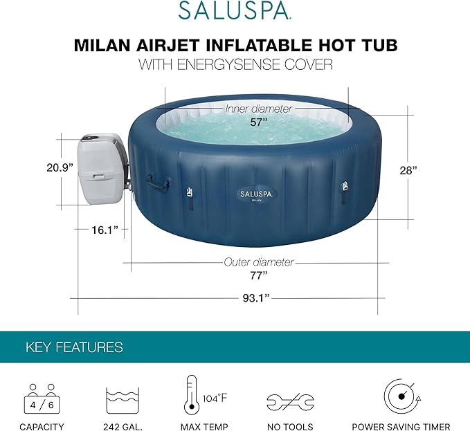 Bestway SaluSpa Milan AirJet 4 to 6 Person Inflatable Hot Tub Round Portable Outdoor Spa with 140 AirJets and EnergySense Energy Saving Cover, Blue