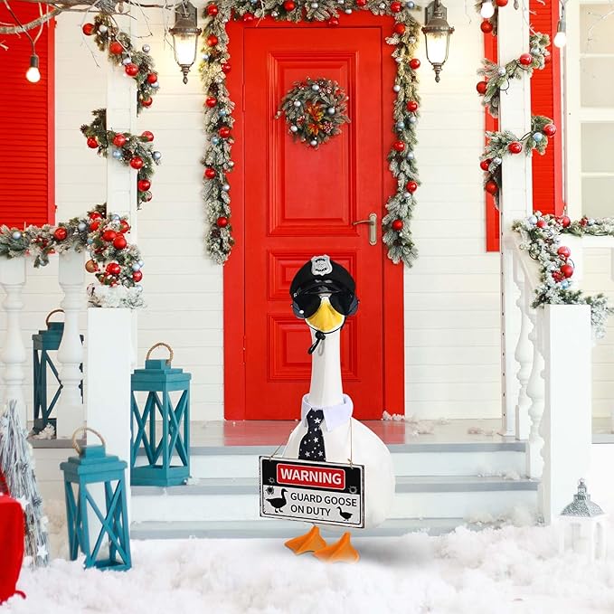 Police Goose Outfits 23” Cement Porch Goose Police Hat Eyeglasses Tie Wooden Warning for Yard and Patio Decoration (Police)