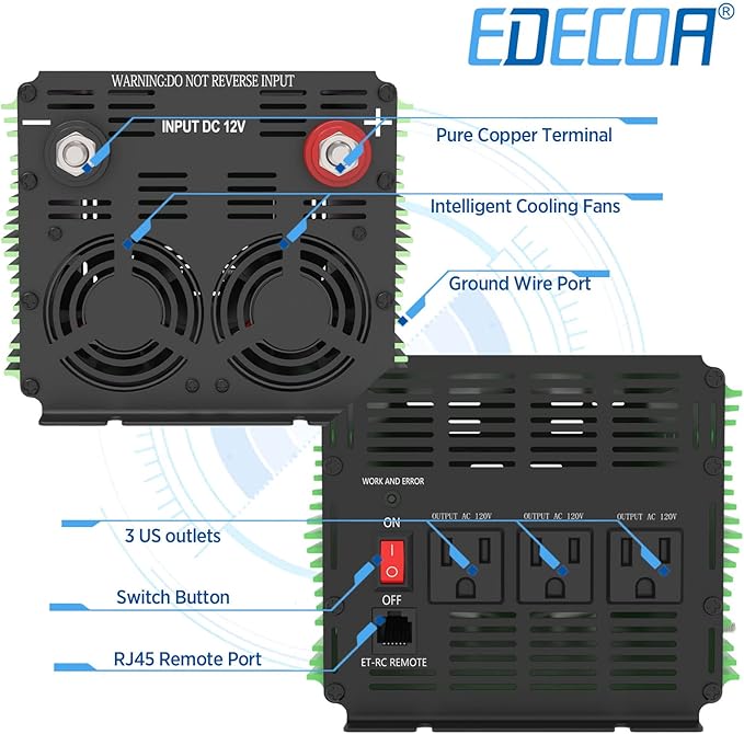 EDECOA 2000W Power Inverter 12V DC to 110V 120V AC 2000 Watts with Remote Control LCD Display USB 3 Outlets for Cars, Trucks, RVs, Rural Cabins