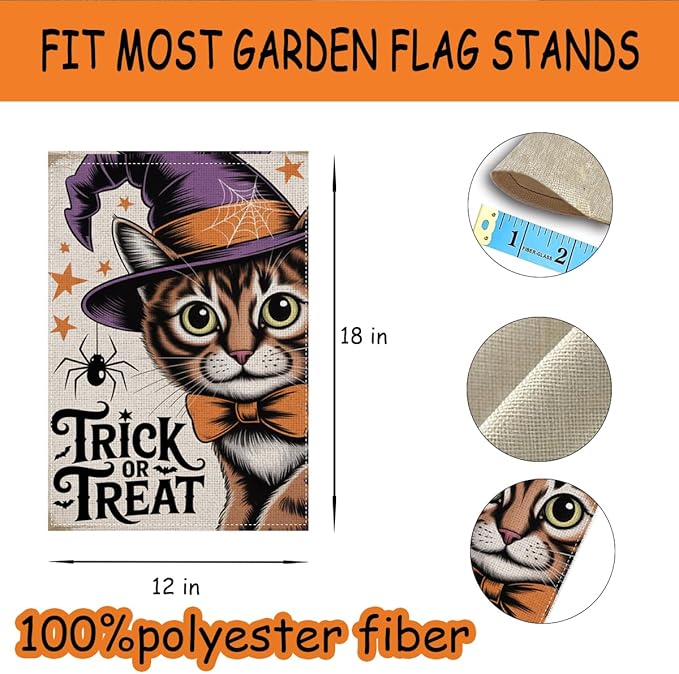 HTBIG Halloween Decor Garden Flag, Halloween Cat Trick or Treat Garden Flag, Yard Flags for Outside 12x18 inch, Outside Yard for Home Decorations