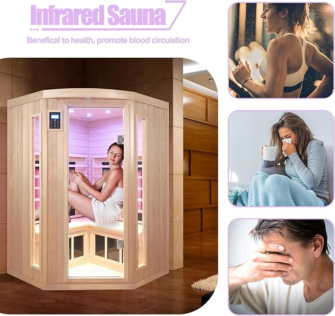 Ceramic Infrared Saunas for Home, 2-3 Person Infrared Sauna, Low EMF Indoor Sauna, Home Sauna, Hemlock Wooden Sauna Room with Bluetooth Speakers, Reading Lamps, Chromotherapy Lights