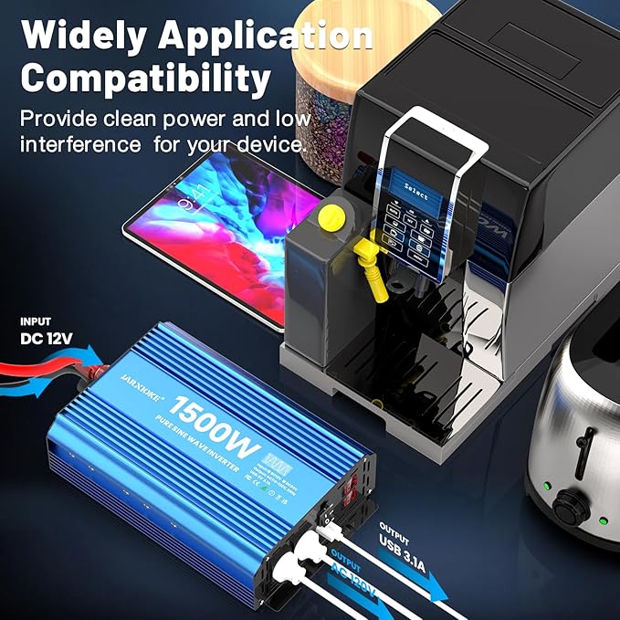 1500 Watt Pure Sine Wave Power Inverter, 12 Vdc to 110 Vdc to 120 Vdc, for Home, RV and Off-Grid Solar Systems, with 2 AC Outlets and USB Port, LCD Display, with Remote Control
