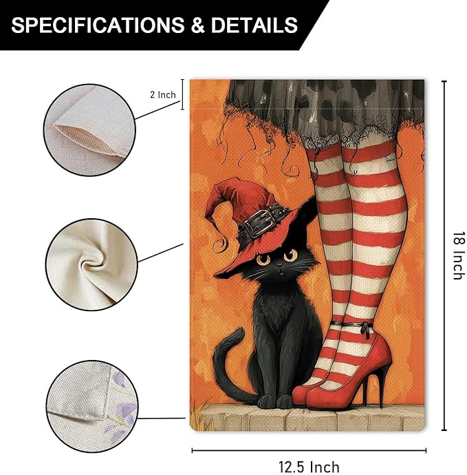 Witch's Black Cat Garden Flag Halloween Holiday Garden Flag Vertical Double Sided Rustic Farmland Burlap Yard Lawn Outdoor Decor 12.5x18"