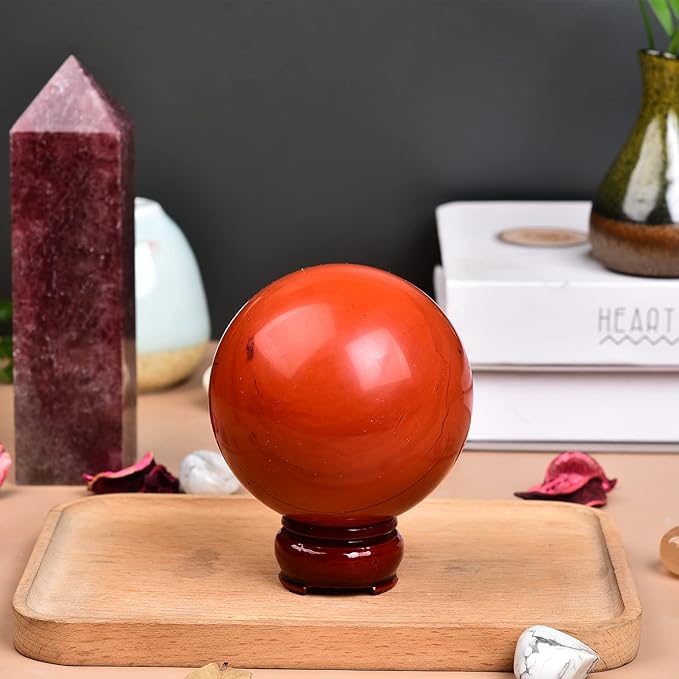 JIC Gem Red Healing Crystal Ball with Decoation Stand - Red Jasper Gemstone Sphere for Fengshui, Meditation & Energy Reiki (90-100mm)