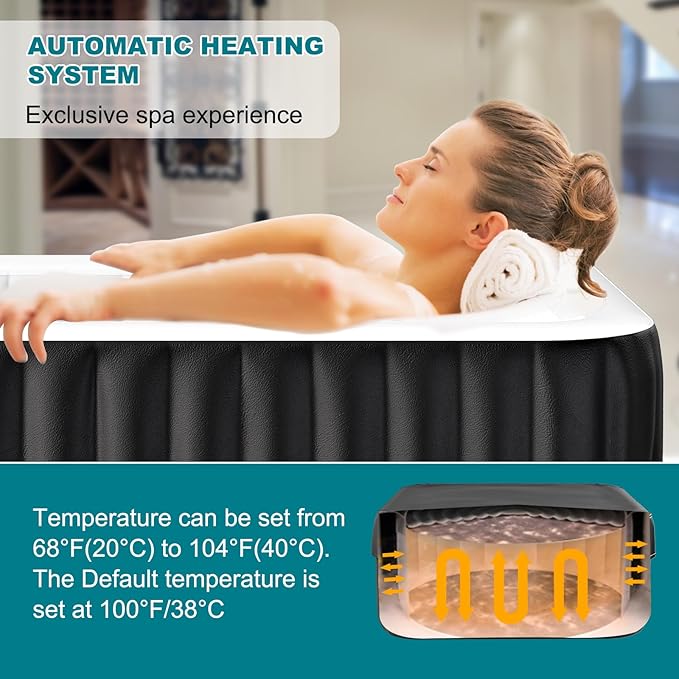 73"X73"X25" Hottub, 4-6 Person Inflatable Hot Tub, Portable Blow Up Hot Tub Square Portable Outdoor Spa with 130 Bubble Jets and Heater Pump, Filter