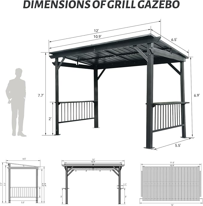 Domi 6.5x12FT Hardtop Grill Gazebo, Outdoor BBQ Gazebo with 2 Side Shelves and Ceiling Hook, Outdoor Grill Canopy with Galvanized Steel Slope Roof for Patio Lawn Backyard Deck, Grey