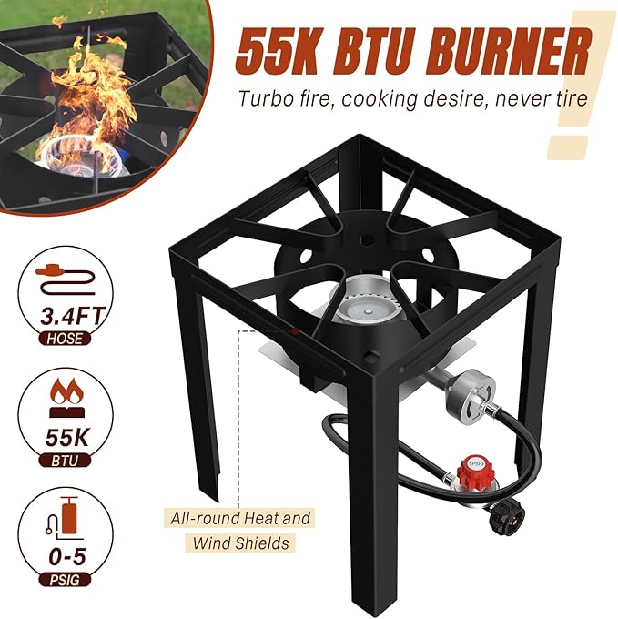 10QT Propane Fish Fryer with Lid, Cover, Fryer Tong & Thermometer, 8QT Basket for Frying Fish, Chicken Wings, French Fries, Deep Fryers with 5 PSI Regulator & 55,000 BTU Burner for Outdoor Cooking