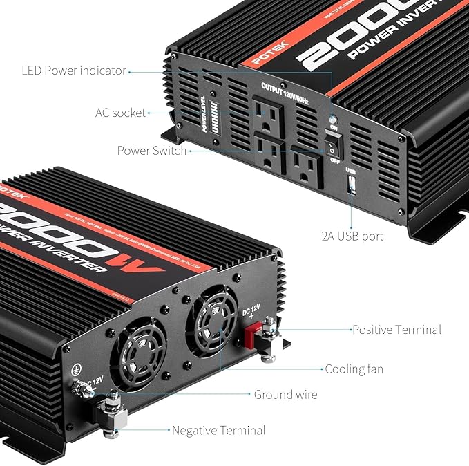 POTEK 2000W Power Inverter 3 AC Outlets 12V DC to 110V AC Car Inverter with 2A USB Port Black