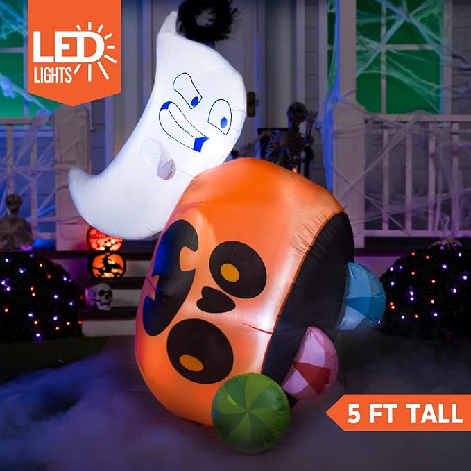 Joiedomi 5 ft Tall Halloween Inflatable Outdoor Decoration, Halloween Blow Ups Cute Ghost Halloween Decorations with Pumpkin Candy Bag with LEDs for Yard Decor