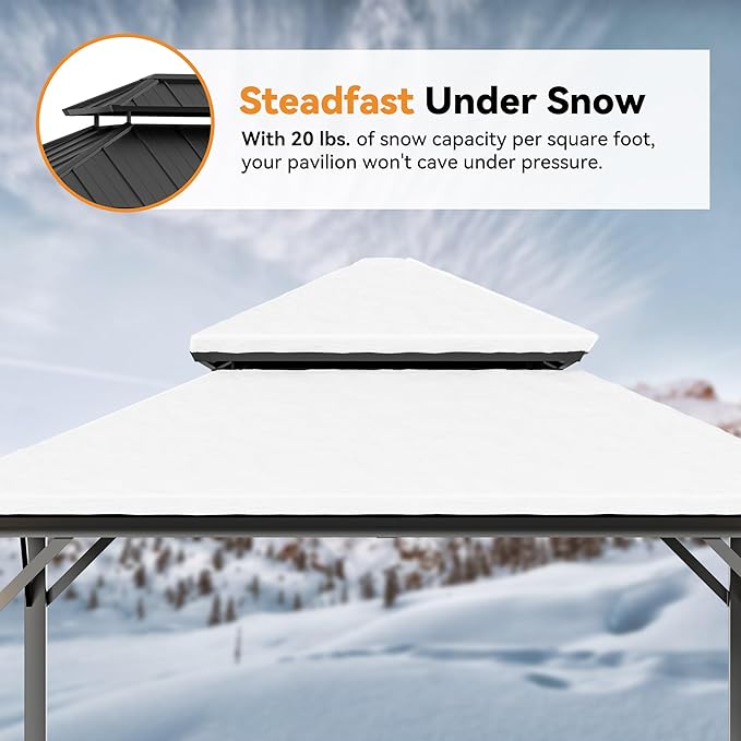 Modern Shade The Horizon Hardtop Gazebo 12' x 12' with 4 LED Lights, Permanent Outdoor Gazebo with Galvanized Steel Double Roof, Grill Pavilion with Decor Hooks, Mosquito Nettings, Black