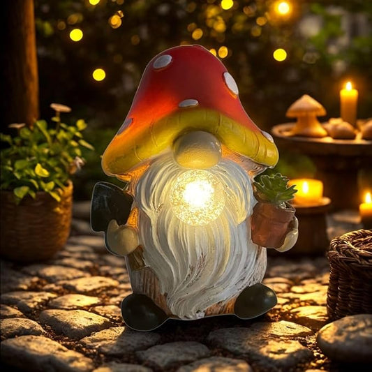 Solar Mushroom Gnomes Garden Statues Outdoor Decor with Night Glow,Cute Fairy Garden Statues for Yard,Pathway,Lawn Art Ornamen,Spring,Easter,Birthday Christmas Women Mom Gift Idea (Red)