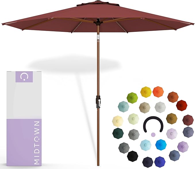 Midtown Umbrellas Wooden 2-8 Feet Outdoor Patio Umbrella, Terylast Cherry Burgundy Grey Fabric, Aluminum Frame For Backyard Umbrella, Deck Umbrella, Garden Umbrella & Pool Umbrella - Wooden Pole
