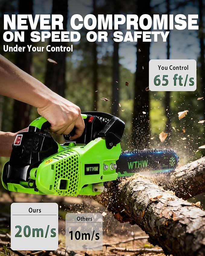 25.4CC Gas Powered Chainsaw 12 Inch, Lightweight Top Handle Handheld Chainsaw with Quenched Chain, Auto Lubrication, Safety Lock & Quick Stop for Tree Wood Cutting