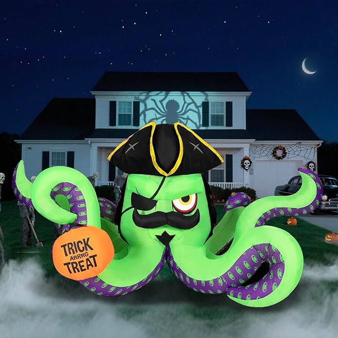 12FT Length Halloween Inflatables Pirate Octopus with Pumpkin, Halloween Blow Up Pirate Octopus Inflatables Built-in 9 Bright LEDs for Halloween Inflatable Outdoor Yard Lawn Garden Decoration