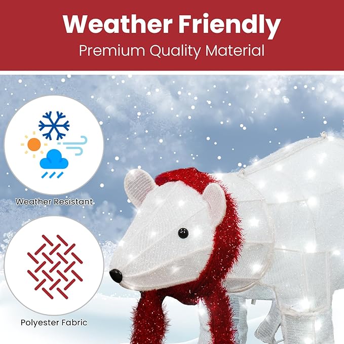 AWQM 3-Piece Lighted Polar Bear Family,Large Outdoor Indoor Christmas Decorations for Front Yard,Holiday Light Up Decorations w/ 210 LED Lights, Stakes, Zip Ties - White