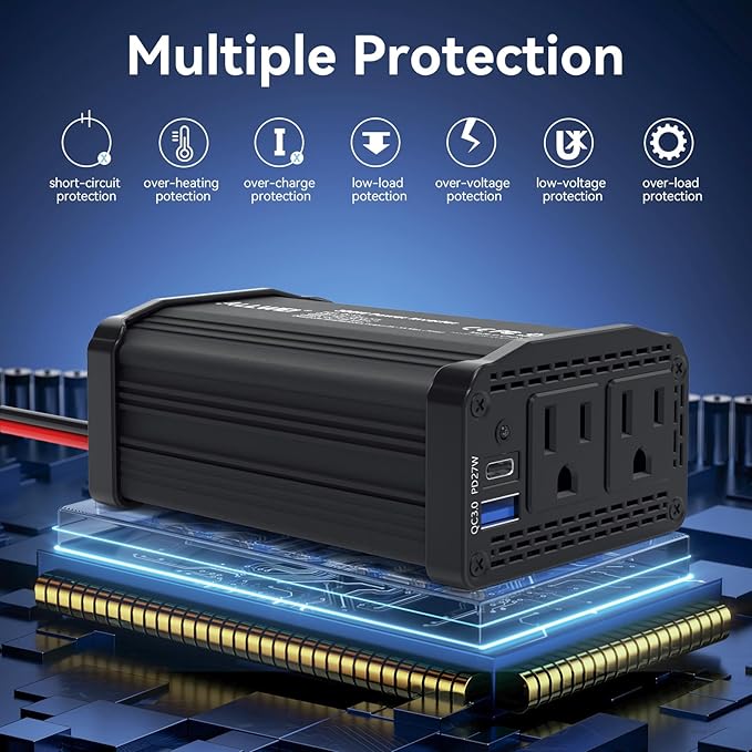 ALLWEI 300W Power Inverter 12V DC to 110V AC Car Plug Adapter Outlet Converter with 27W PD USB-C &18W USB-A Fast Charger, Car Cigarette Lighter Adapter for Laptop Tablets Phones - Portable - Black
