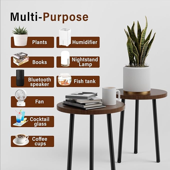 Plant Stand Indoor 2 Pack: Corner Wood 14 Inch Plant Stand Mid Century Modern Decor - Small Round Plant Table for Indoor Plants - Outdoor Plant Holder for Patio Living Room Bathroom Office (Walnut)