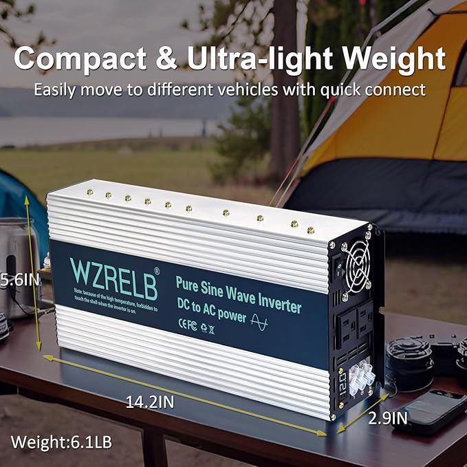 WZRELB 3000W Pure Sine Wave Inverter 12V DC to 110V 120V AC Power Converter with LED Display, Hardwire Terminal,Off-Grid Portable Power Inverter with Dual AC Outlets for Home, RV, Truck, Camping