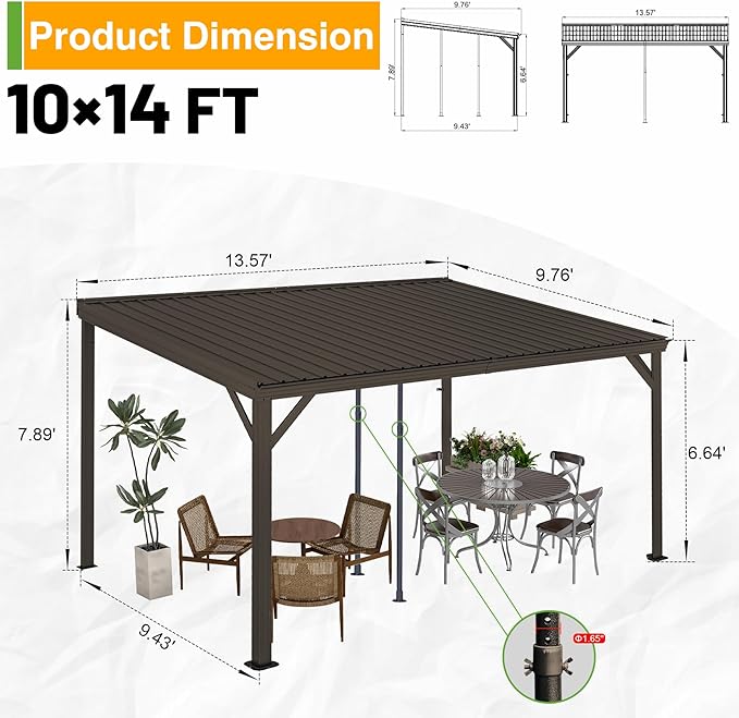 10x14FT Lean to Gazebo, Outdoor Hardtop Wall Mounted Gazebo with Gutter & Sloping Galvanized Steel Roof, Metal Hard Top Awnings for Deck, Porch, Backyard -Brown