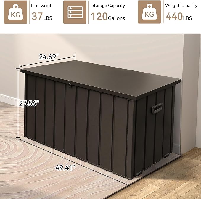 Outdoor Storage Box, 120 Gallon Metal Deck Box Waterproof, Outside Steel Storage Lockable Cabinet, Indoor Storage Bin Container for Patio/Poolside/Backyard Cushions, Pillow- Brown