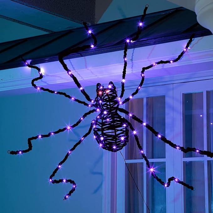 EAMBRITE Halloween Decorations Outdoor 5FT Bendable Scary Giant Spider with 83LT Purple Lights Black Fake Spider for Halloween Indoor Outdoor Yard Home Parties Creepy Décor
