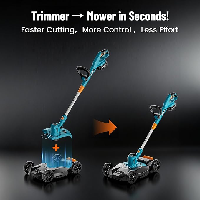 Seesii String Trimmer : 12’’ Cordless Weed Wacker & Edger with 2 * 4.0Ah Batteries - Electric Lawn Mower with 1.3’’/2.1’’ Adjustable Deck - 3-in-1 Battery Lawn Mower for Garden/Yard