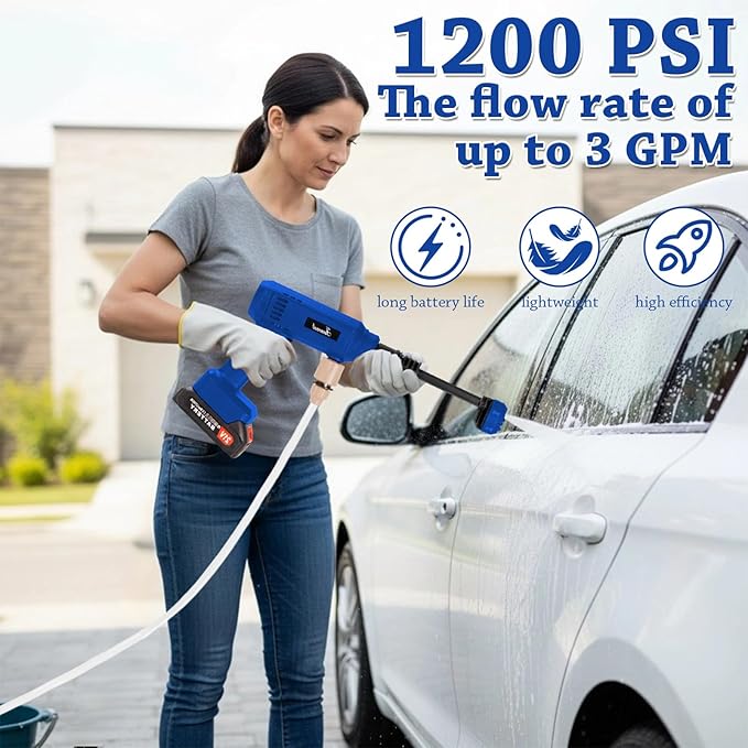 Power Washer,1200 PSI Cordless Pressure Washer with 2×21V Battery&6-in-1 Multi-Function Nozzle,Portable Pressure Washer Suitable for Cleaning Vehicles, patios, Glass, Floors, and Watering Plants