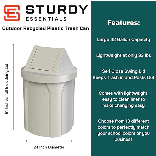 42 Gallon Round 100% Recycled Plastic Indoor or Outdoor Commercial Trash Can with Easy Access Swing Top Lid | Great for Schools and Businesses - Light Granite
