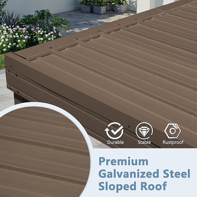 Domi 10’x10’ Wall-Mounted Hardtop Gazebo Pergola – Permanent Lean-to Outdoor Shelter with Sloped Galvanized Steel Roof & Upgraded Drainage – Grey Metal Patio Cover for Backyard, Deck, Garden, Brown