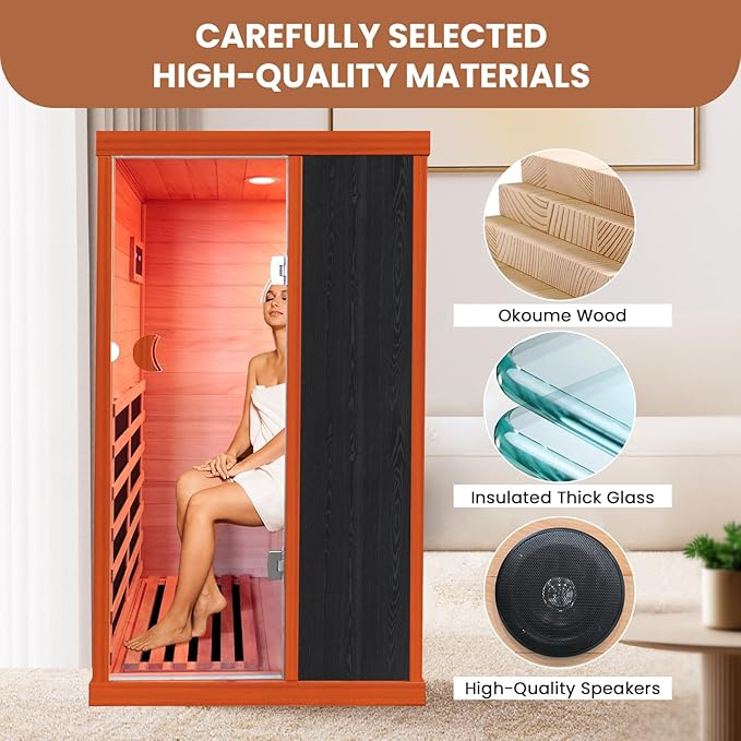 Sauna, Far Infrared Saunas for Home Room 800W/110V Indoor Sauna for Single Person Okoume Wood Sauna with 1 Person Low EMF Dry Sauna with Speakers/Air Hole and LED Color Light - 28.8 * 35.3 * 61.5 in