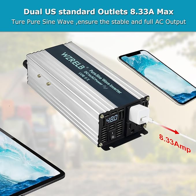 WZRELB 1000W Pure Sine Wave Inverter 48V DC to 110V 120V AC Power Converter with LED Display, Off-Grid Portable Power Inverter with 2 AC Outlets for Home, RV, Truck, Camping