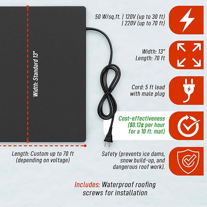RHS Snow Melting System - Roof and Valley Heater - Snow and Ice Melting Mats - Ice Dam Prevention - Color Black - American Made - Melts 2 Inches of Snow per Hour (10' ft. x 13" in.)