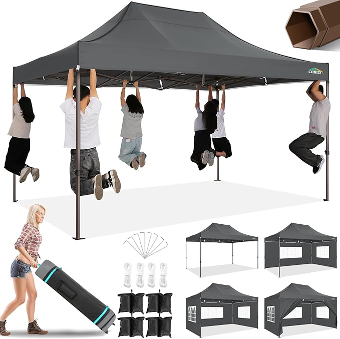 COBIZI 10x15 Pop Up Heavy Duty Canopy with 4 Sidewalls and Hexagonal Legs, Easy up Tent for Parties, Commercial and Wedding, Outdoor Canopy with Roller Bag, Sand Bags, Waterproof & UPF50+ (Gray)
