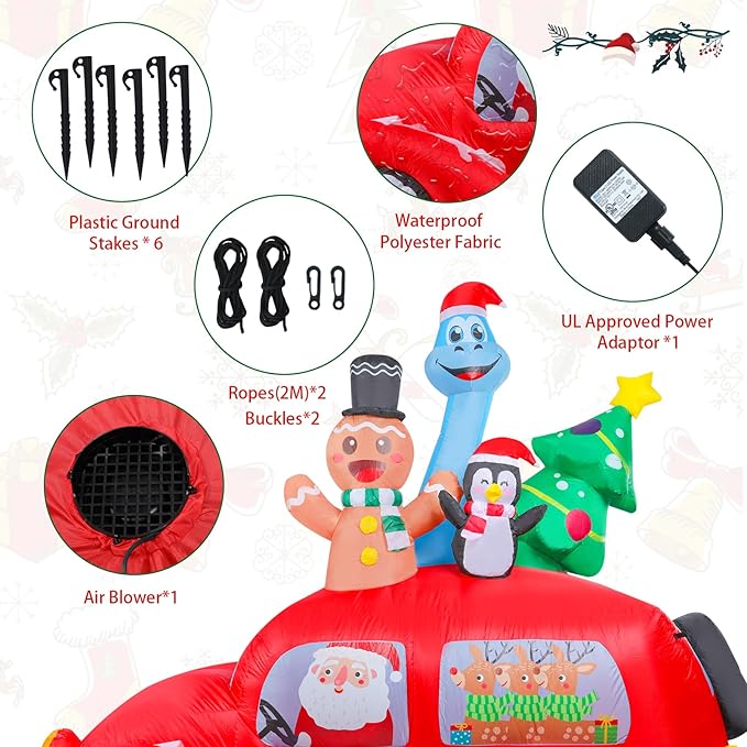 MUMTOP Christmas Car Inflatable-Christmas Inflatable Outdoor Decoration - 7.7 FT Lighted Inflatables Santa Carry Reindeer, Gingerbread, Penguin, Tree and Dinosaur, Blow Up Decor