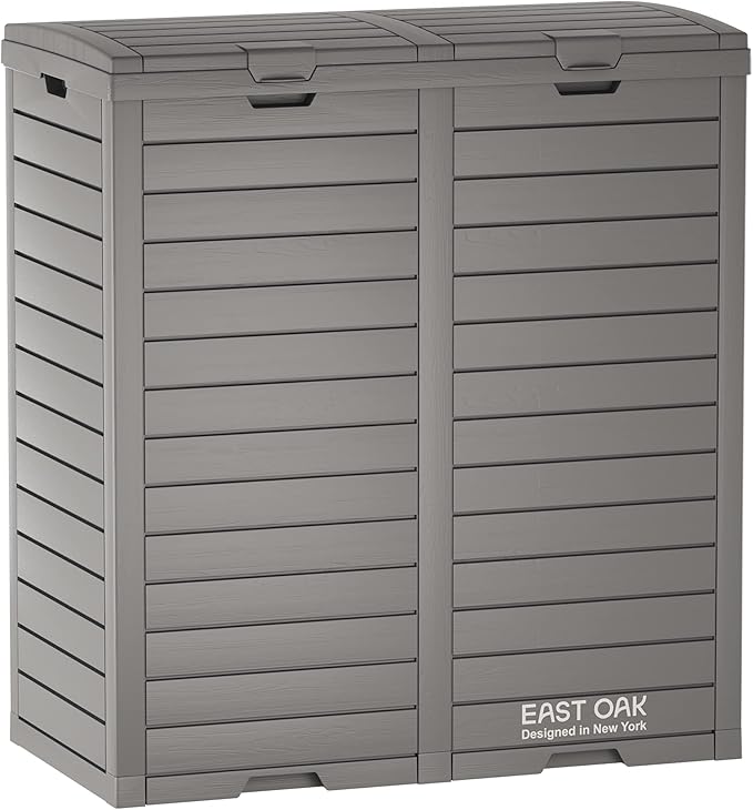EAST OAK 62 Gallon Outdoor Trash Can, Waterproof Resin Garbage Can with Tiered Lid and Drip Tray, Outside Trash Bin for Patio, Backyard, Deck, Grey