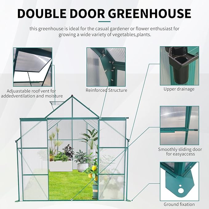 Favfurish 8×10 FT Greenhouses for Outdoors,Polycarbonate Greenhouse, Aluminum Heavy Duty Walk-in Garden Plants Green Houses, Raised Base and Double Sliding Door for Outside Backyard, Green