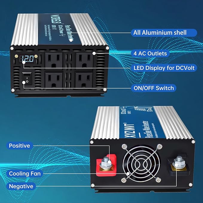 2000W Pure Sine Wave Inverter DC 12V to AC 120V, 4000W Peak Power with LED Display, Power Converter for Car, Truck, Solar, Home & Rechargeable Devices
