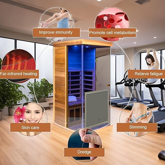 Red Cedar Dry Sauna for Home, Low EMF Far Infrared Indoor Sauna 1 Person 1100W/120V with 6 Carbon Panel Heater & LCD Control Panel & Bluetooth Audio & Chromotherapy Lights & 270° Panoramic Vision