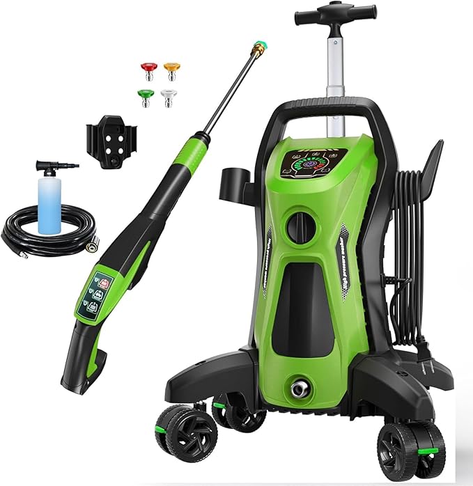Pressure Washer 5000PSIIMAX Touch Screen Adjustable Pressure with Anti-Tipping Technolog, Spray Handle Smart Control, 5-Nozzle Set, for Cars//Home/Patios, Green