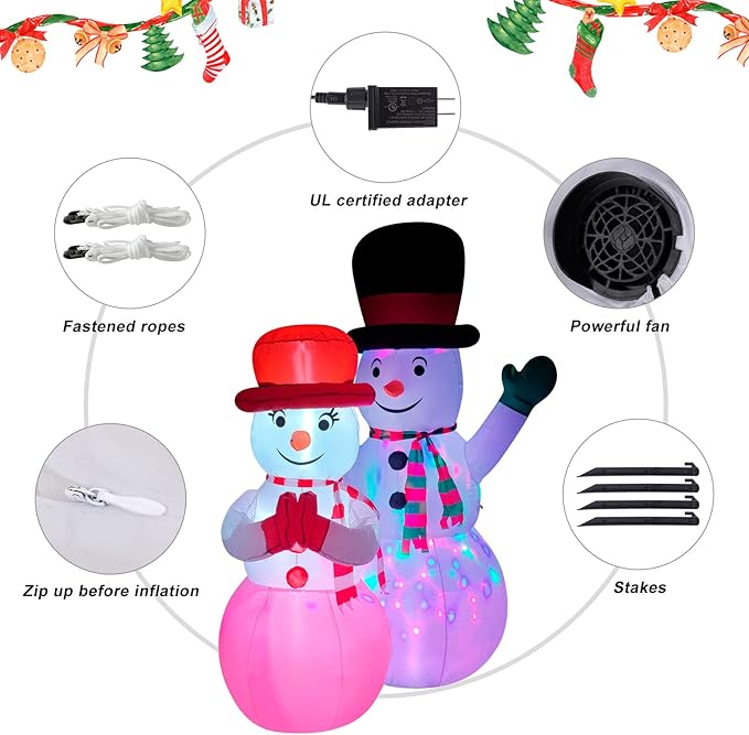 FirstE 7 FT Inflatables Snowman, St Patrick's Giant Blow Up Snowman Couple Built-in Rotating Colorful LED Light, Wear Magic Hats and Striped Scarfs, Decor for Outdoor, Yard, Lawn