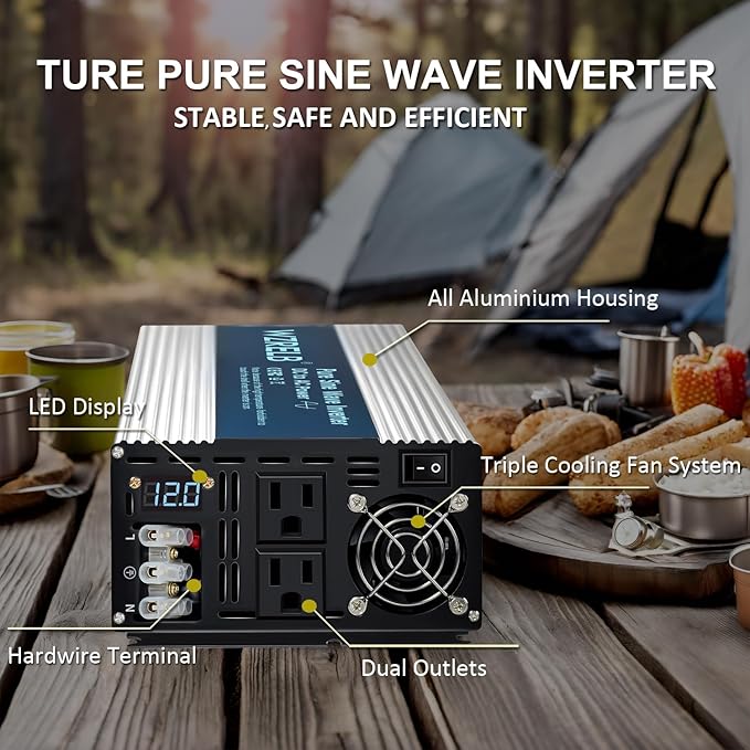WZRELB 4000W Pure Sine Wave Inverter 12V DC to 110V 120V AC Power Converter with LED Display, Hardwire Terminal,Off-Grid Portable Power Inverter with Dual AC Outlets for Home, RV, Truck, Camping