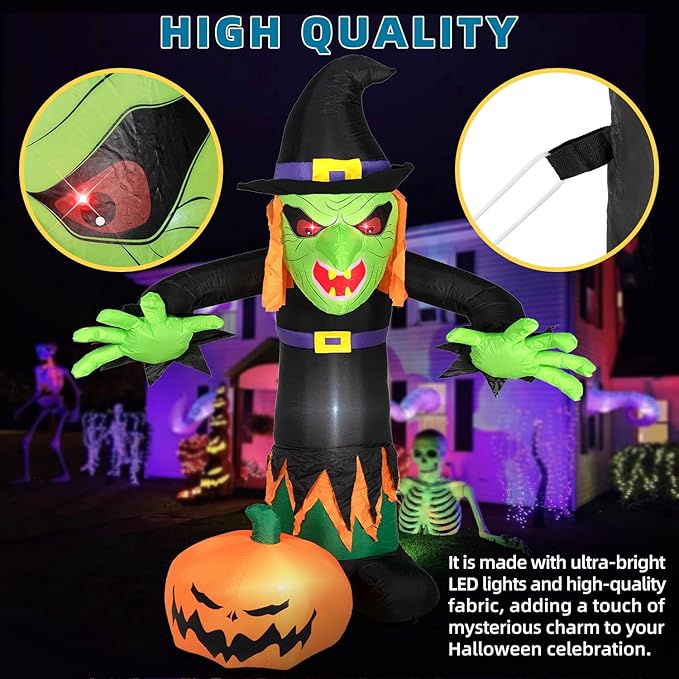 ININ 8FT Halloween Inflatable Witch Decorations Outdoor Built-in LED Lights,Halloween Blow Up Yard Decorations,Scary Party Decorations,Haunted House Decor,for Yard/Lawn/Garden.