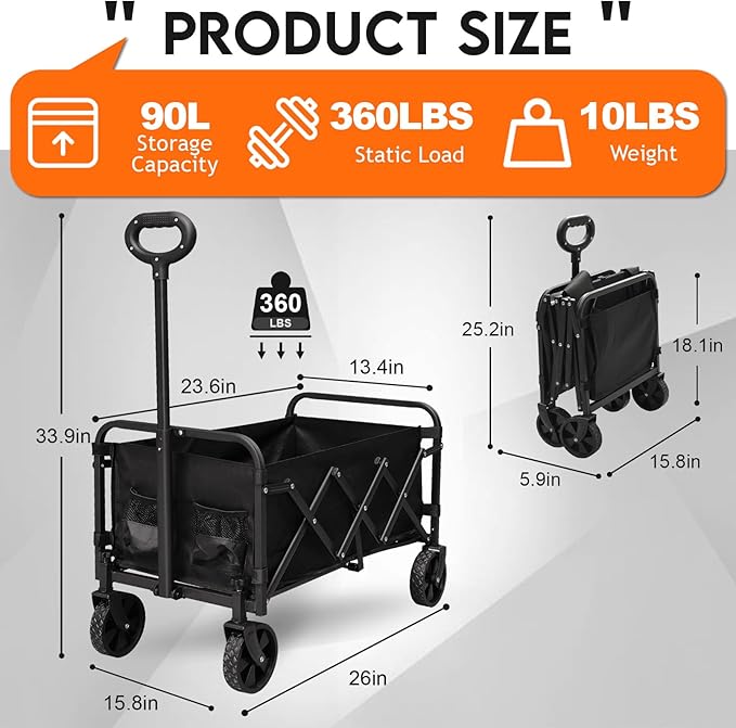 Collapsible Wagon Cart with Wheels, 360 lbs Wagons Carts Foldable Wagon Cart with Flexible Handle, Lightweight Portable Folding Utility Grocery Shopping Cart for Camping Grocery Sports Garden