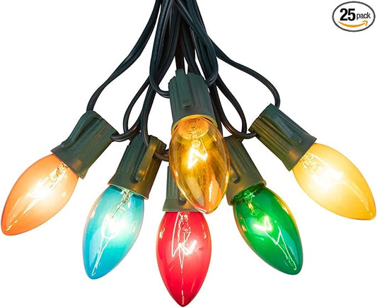 Minetom C9 Multicolor Christmas String Lights, 25FT 25 Blubs Bright & Warm Outdoor Christmas Lights, Long Life C9 String Lights for Tree Patio Gazebo Wreath, Multicolor Green Wire