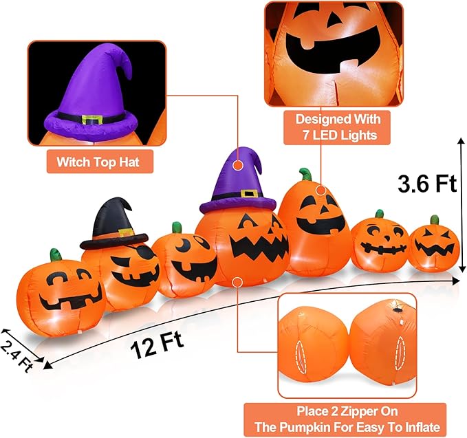 12 Ft Long Halloween Inflatables Pumpkins Outdoor Yard Decoration, 7 PCS Blow up Pumpkins and 2 Witch Hats Built-in LED Lights for Home Holiday Party Lawn Patio Outside