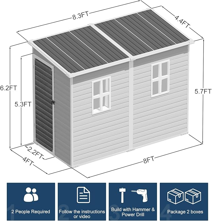 Outdoor Resin Storage Shed with Floor 8x4x6 FT Waterproof Lean to Sheds Kit Included 2 Windows Lockable Door, Plastic Tool Shed for Backyard Garden Patio Lawn