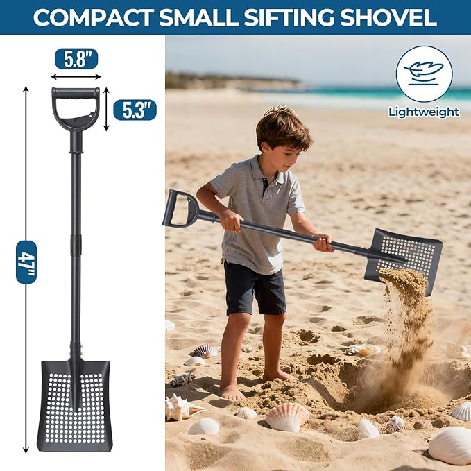Beach Sifter Sand Scoop for Treasure Hunting, 47" Adjustable Metal Sand Sifter Shovel with Comfort Grip for Kids & Adults, High Sides for Shells & Relics