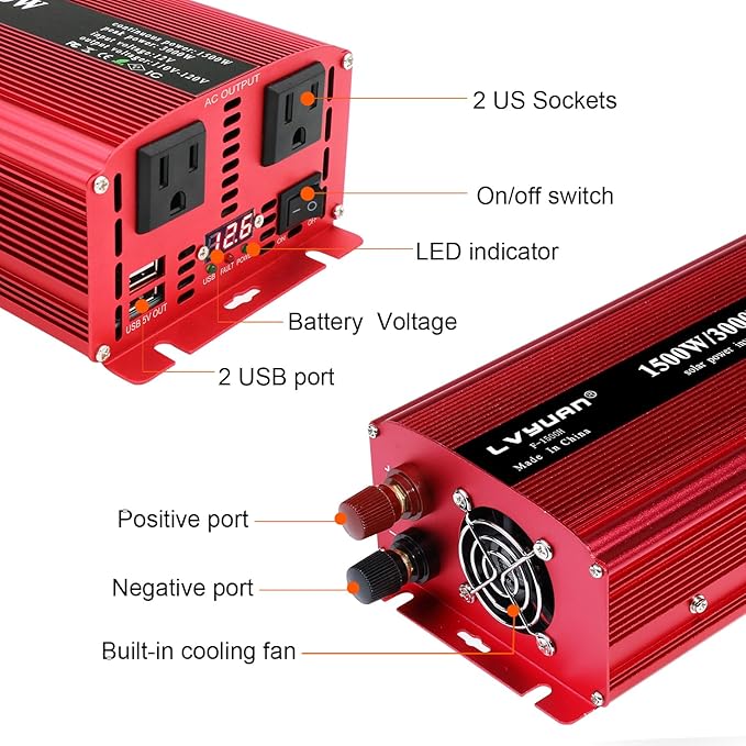 Yinleader 1500 Watts Car Power Inverter 12V to 110V,DC to AC Converter Dual AC Outlets and Dual 3.1A USB Ports for RV Caravan Truck Laptop Camping