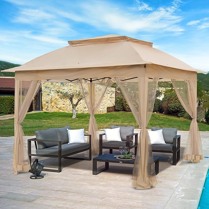11x11 Outdoor Pop up Gazebo Tent with Mesh Walls for Patio, Lawn, Backyard and Deck, Khaki