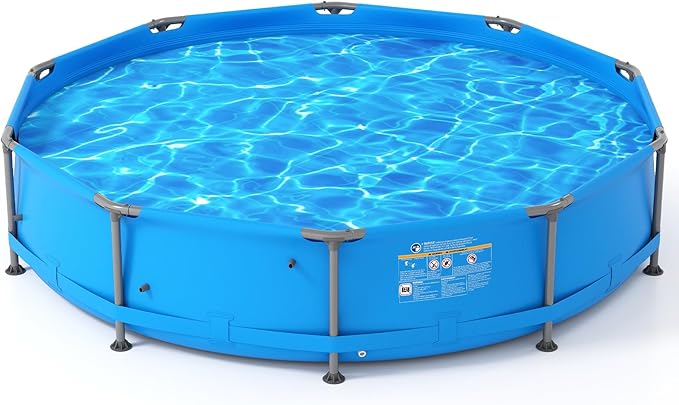 GYMAX 12ft x 30in Metal Frame Above Ground Swimming Pool, Outdoor Backyard Famliy Pool Set with Puncture-Resistant Fabric, Drainage Valve Connector for Kids & Adults (12' x 30", Round, Blue)